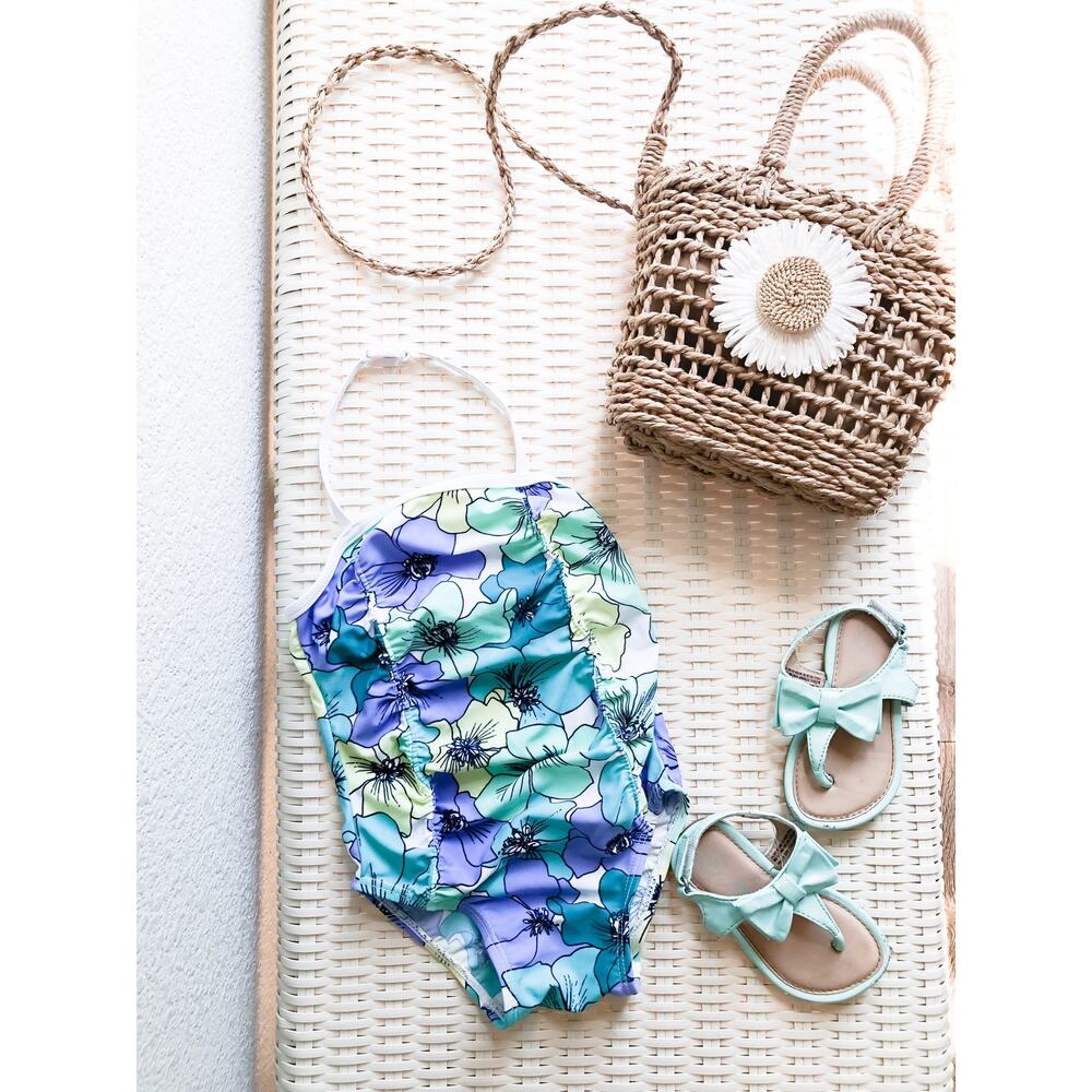 New Old Navy Floral Print Swimsuit & Matching Bow Sandals 12-18mths